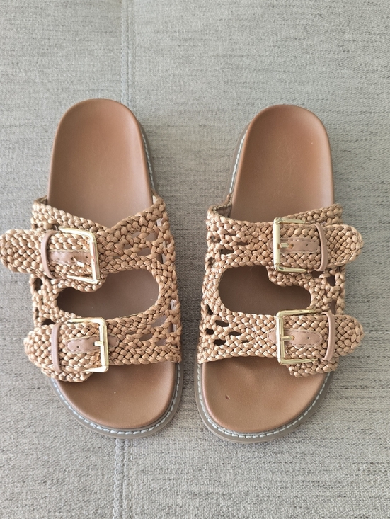 Joie Shoes - Joie Woven Birken Double-Buckle Slide Sandals - Metallic Brown Sz 8.5